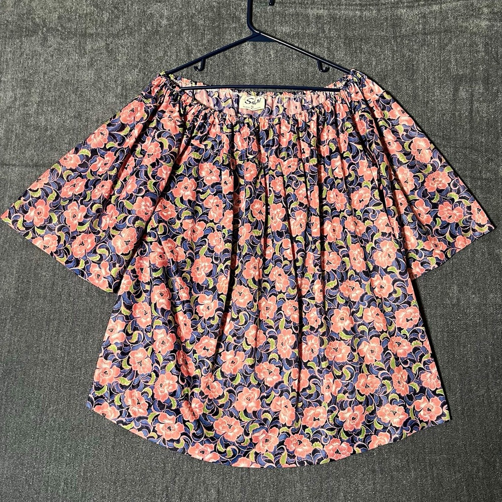 Vintage 70s Sodi Miami Floral Peasant Blouse Top Off Shoulder Boho Pink Blue M
